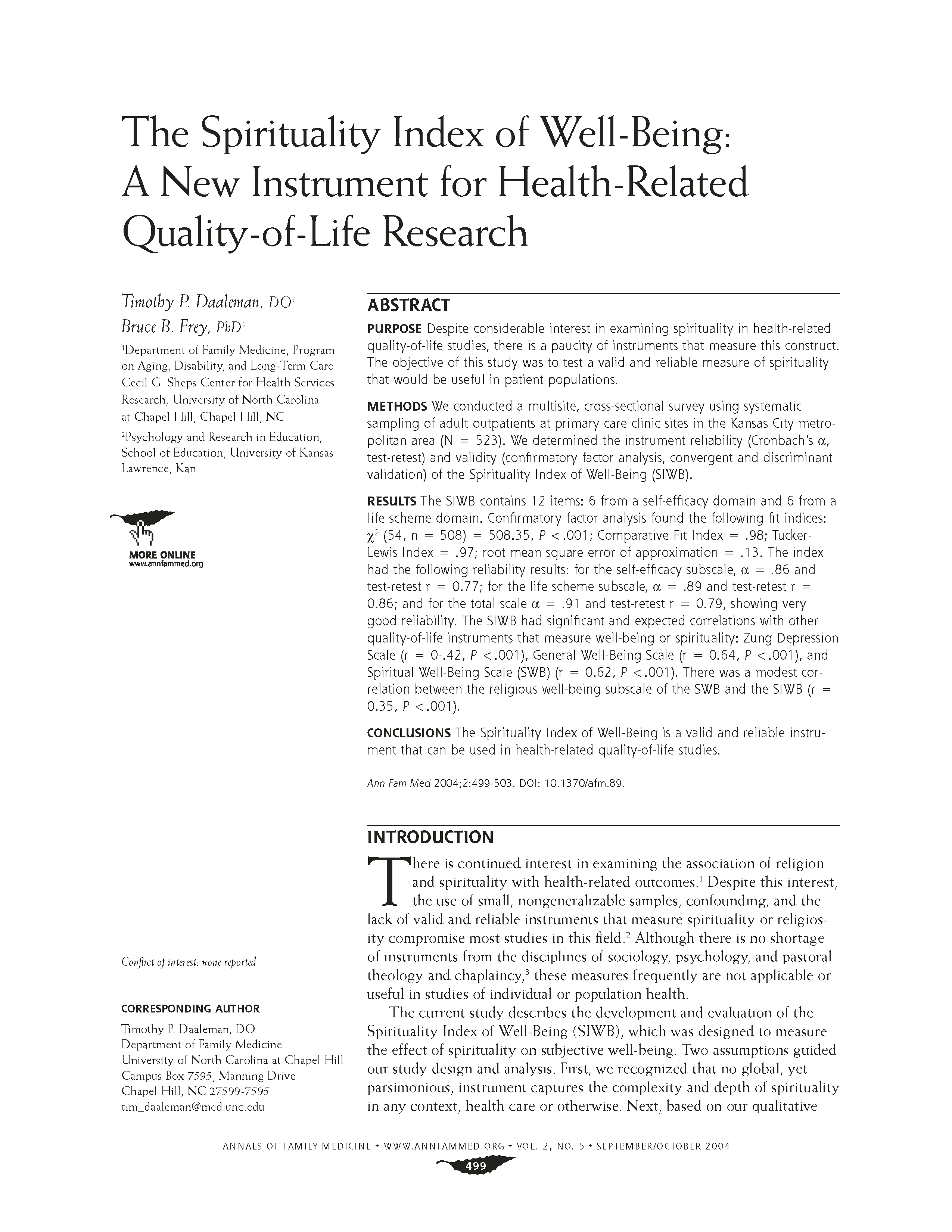 First page of research study that created the SIWB.