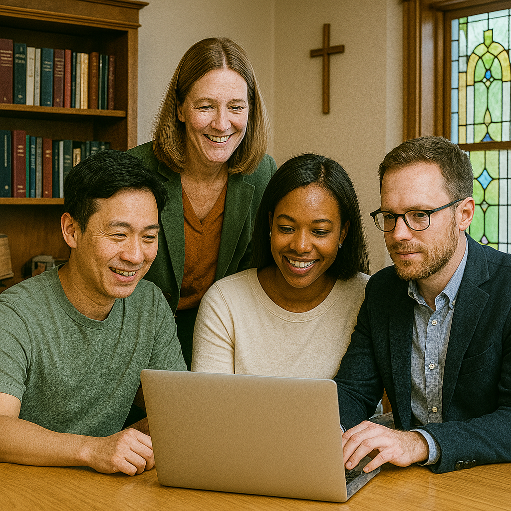 Four people are gathered around a laptop in a church office.