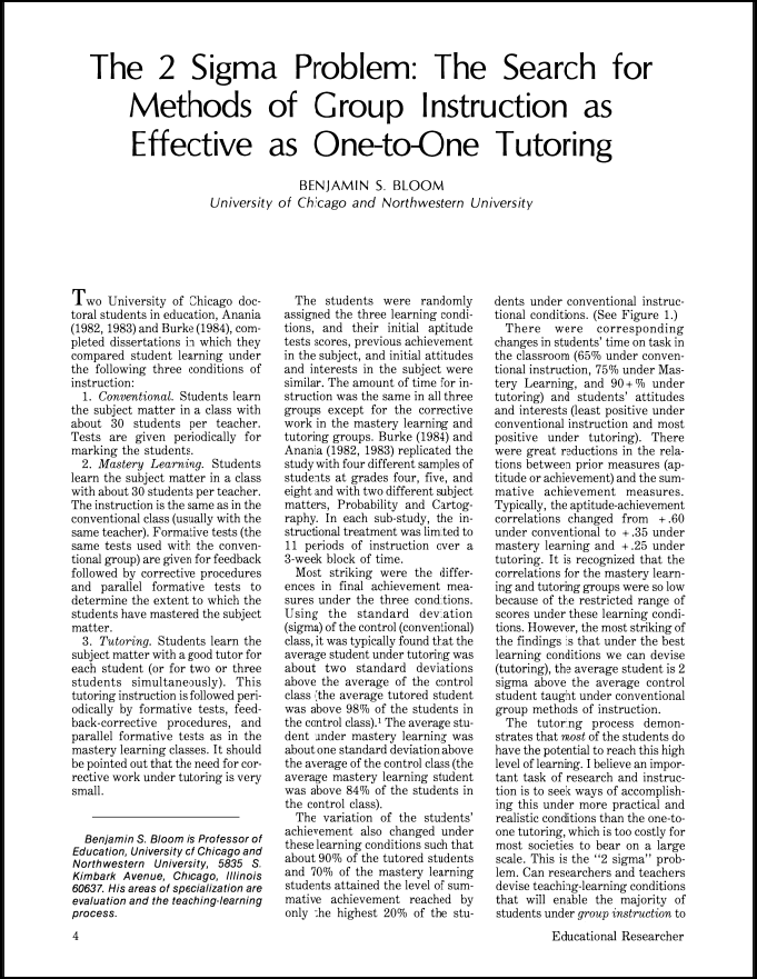 A screenshot of the first page of Bloom's original 2 Sigma Problem article.