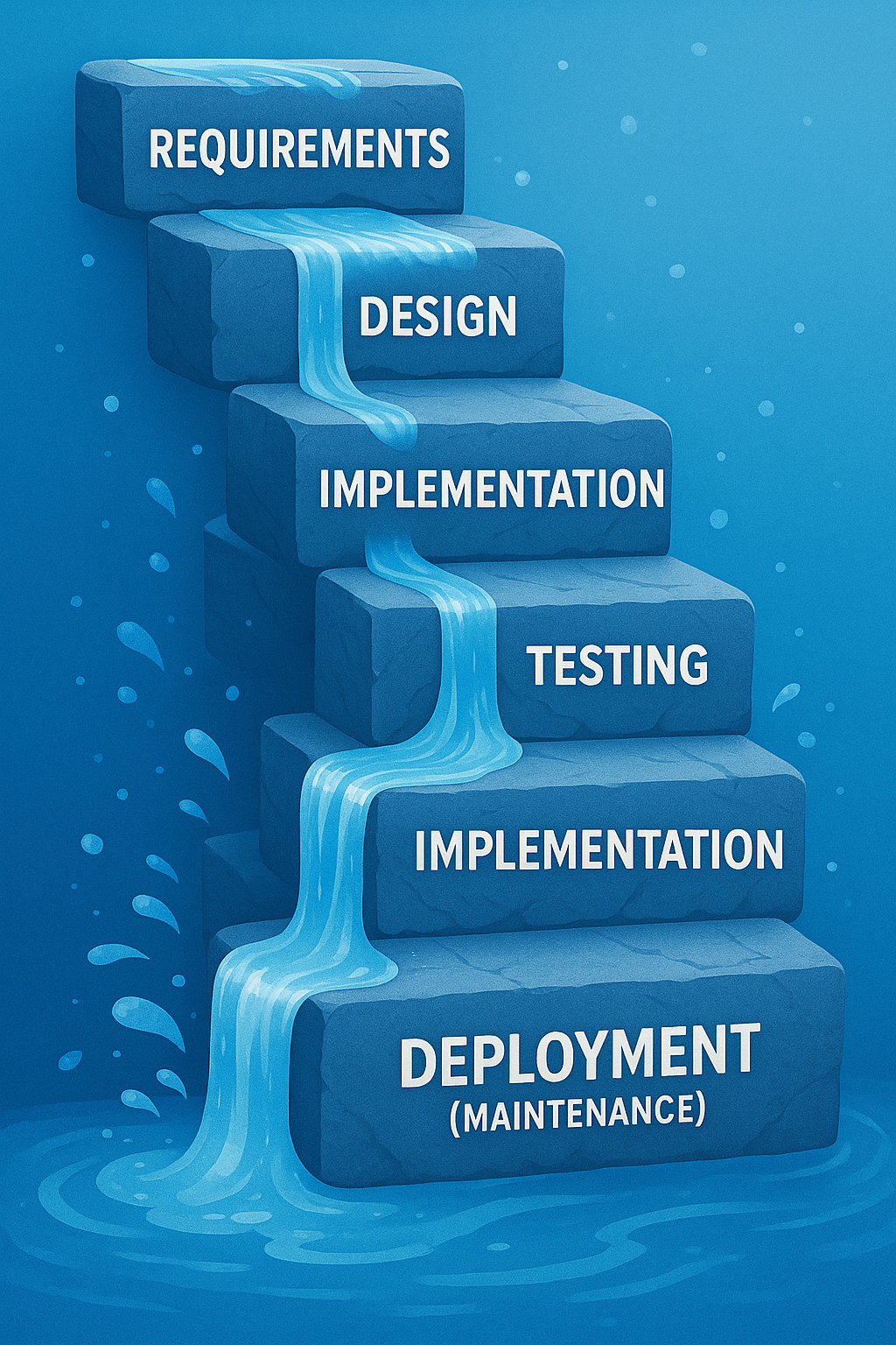 Illustration of the watefall design where each component in done is sequential order.