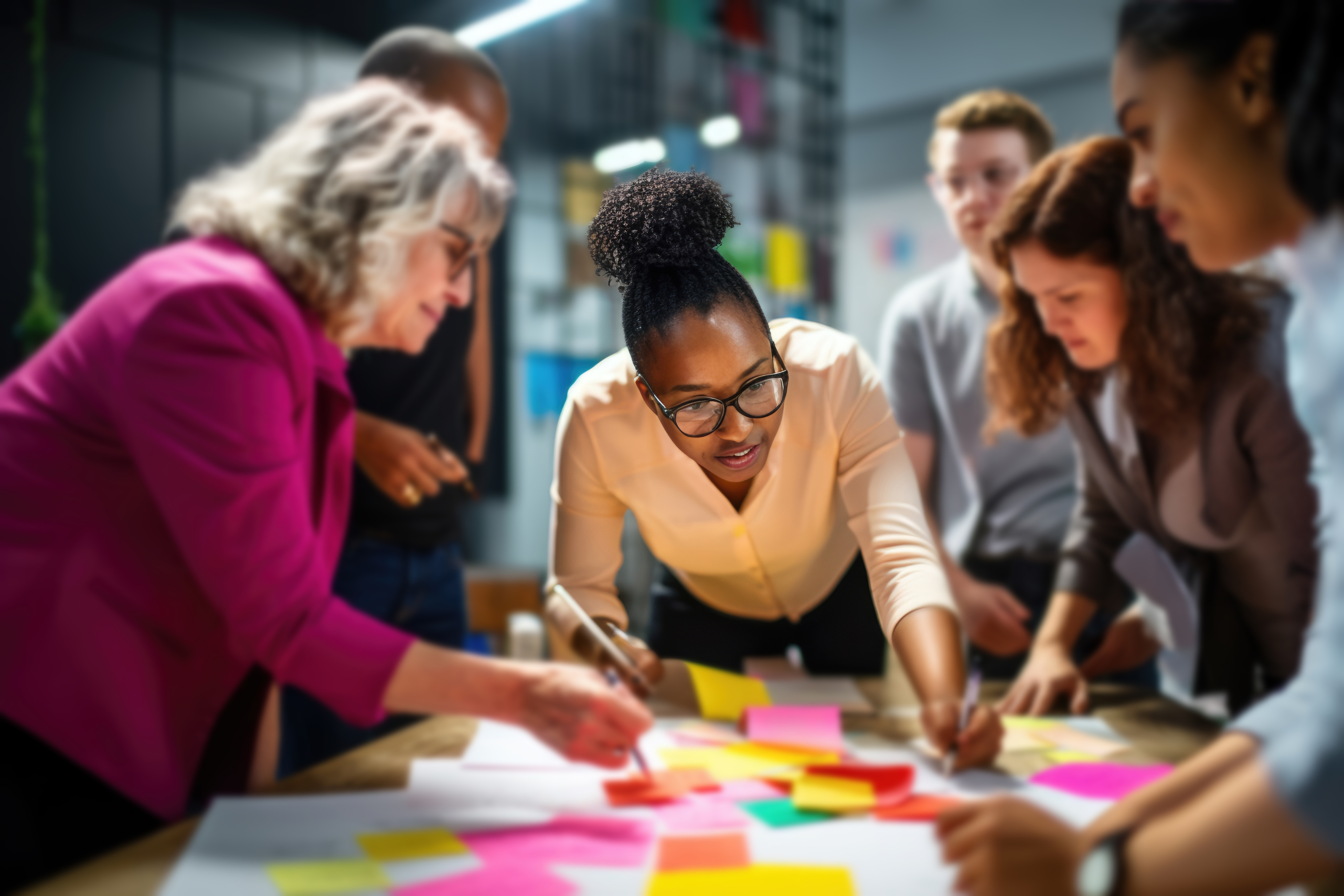 A diverse group gathers around a table covered with sticky notes, a brainstorm in progress.