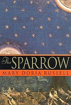 The cover of The Sparrow by Mary Doria Russell. The cover image depicts a rocky landscape with stylized moon and stars above.