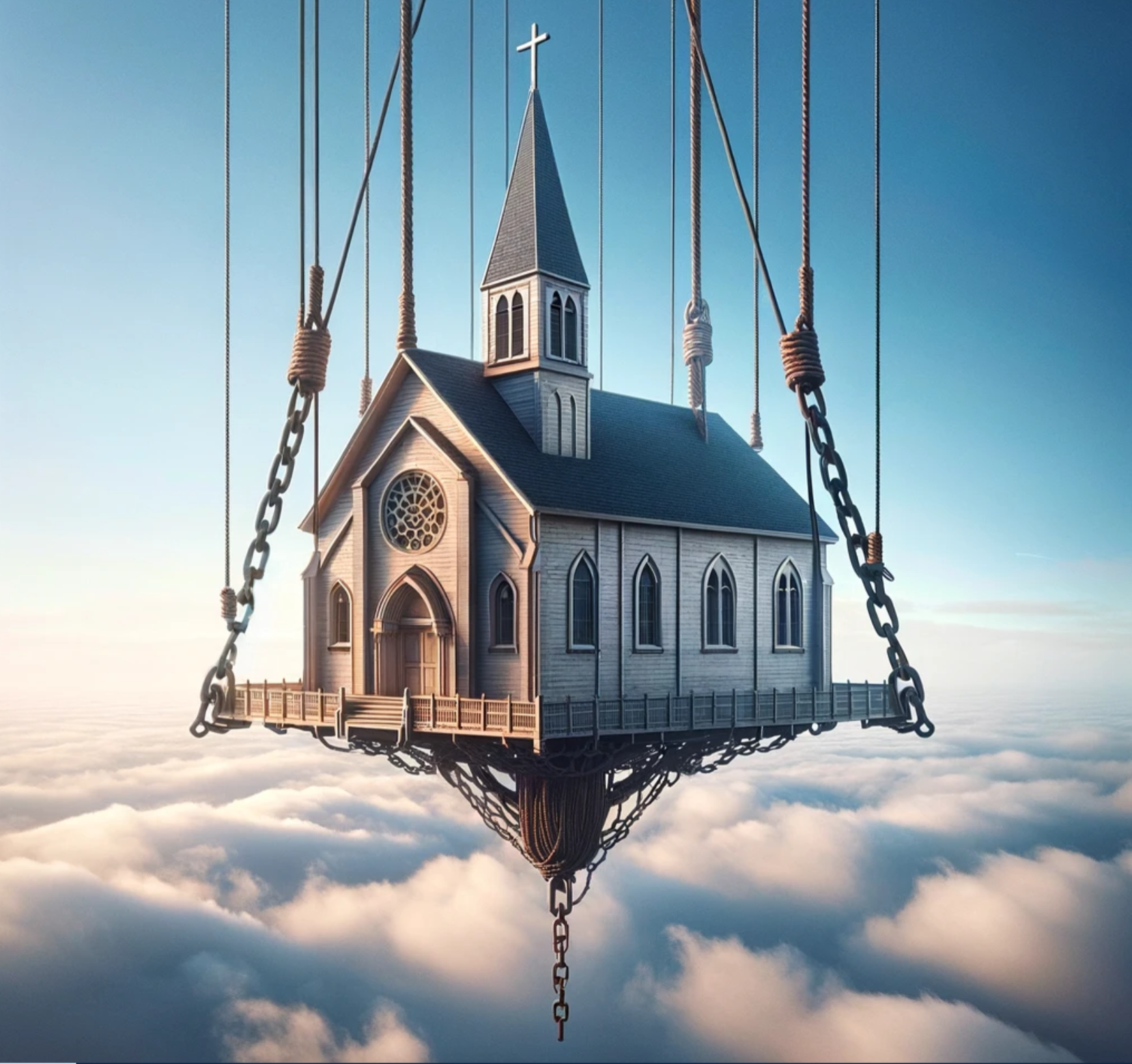 A church in the sky dangling from chains and ropes.